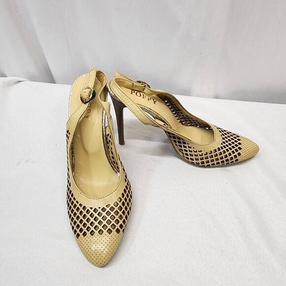 Poppy Size 5.5 Women's Leather Vintage Perforated Slingback Pointed Toe Pump Hee - Picture 2 of 11